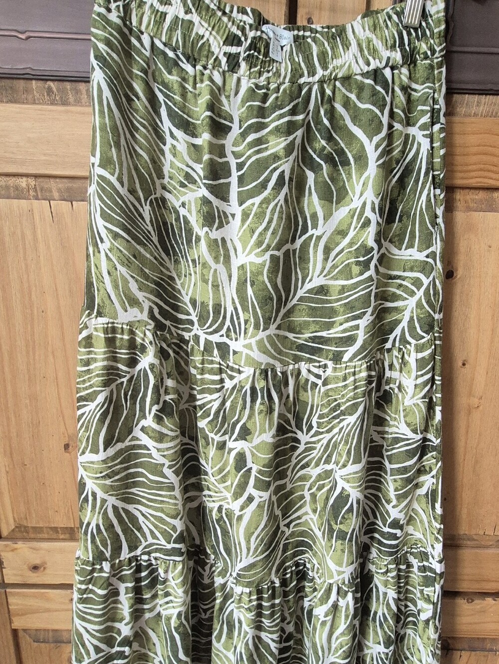 Tiered Maxi Skirt in Olive Green and White Botanical Print